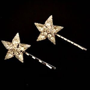 90's Hair Clips, Crystal Stars, Silver-tone